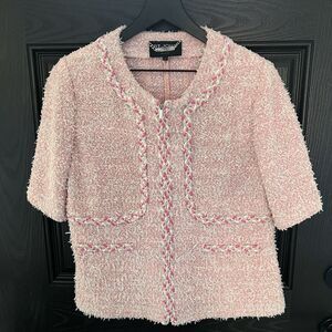 ST.JOHN COUTURE PINK Silver sparkle Eyelash Tweed Jacket Short Sleeve Size 10